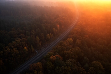 Railway autumn forest dawn view from a height