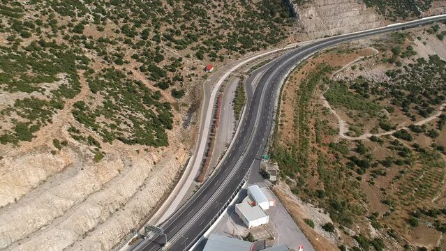 Aerial view over Moreas Motorway at Artemisio mount. A7 begins just west of the Isthmus of Corinth, branching off from Greek National Road 8A connecting Corinth and Kalamata via Tripoli