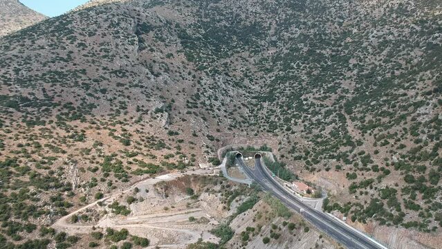 Aerial view over Moreas Motorway at Artemisio mount. A7 begins just west of the Isthmus of Corinth, branching off from Greek National Road 8A connecting Corinth and Kalamata via Tripoli