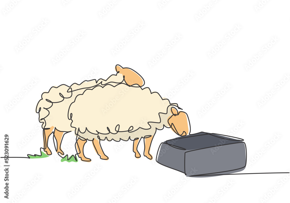 Poster single one line drawing of the sheep are being fed to be healthy and produce the best milk and meat.