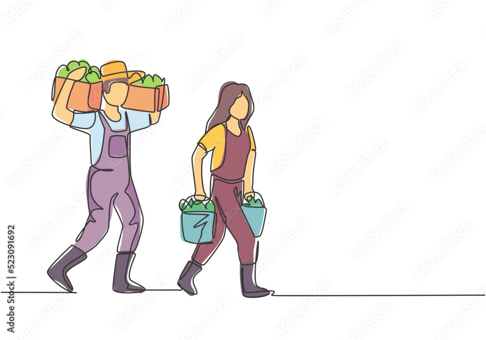 Poster continuous one line drawing couple farmer carrying boxes and baskets of fruit in they right and left