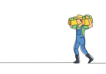 Single one line drawing of young male farmer shouldered the box and basket of fruit on his shoulders. Farming challenge minimal concept. Modern continuous line draw design graphic vector illustration.