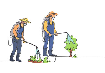 Single one line drawing of couple farmer complete with a mask spraying the plants with disinfectant sprayer. Farming minimalism concept. Continuous line draw design graphic vector illustration