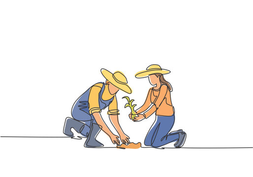 Single Continuous Line Drawing Couple Farmer Planting Plant Shoots In The Ground. Start The Planting Period. Minimalism Metaphor Concept. Dynamic One Line Draw Graphic Design Vector Illustration.