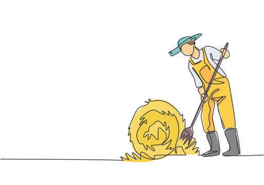 recommend clip art: Continuous one line drawing young male farmer was stabbing a haystack and rolling it up with a straw stick. Successful farming minimalist concept. Single line draw design vector graphic illustration.