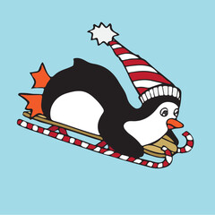 Sledding Christmas Penguin Vector Illustration