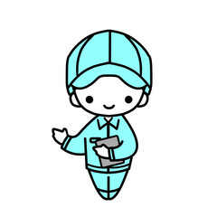 Obraz premium 笑顔で応対する作業員ユニセックス 青の作業服