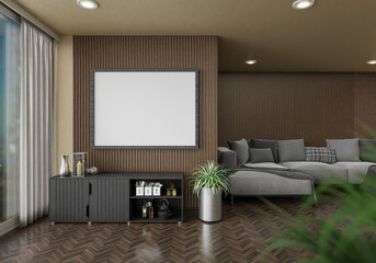 minimal interior style poster Mock up the living room wall. .copy space. 3D rendering.