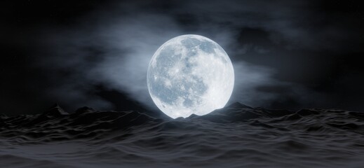 The big moon shines behind mountains with stars and clouds in the background.  3D rendering.