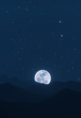 The big moon shines behind mountains with stars and clouds in the background.  3D rendering.
