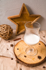 Christmas milk drink eggnog, in a tall stemmed glass