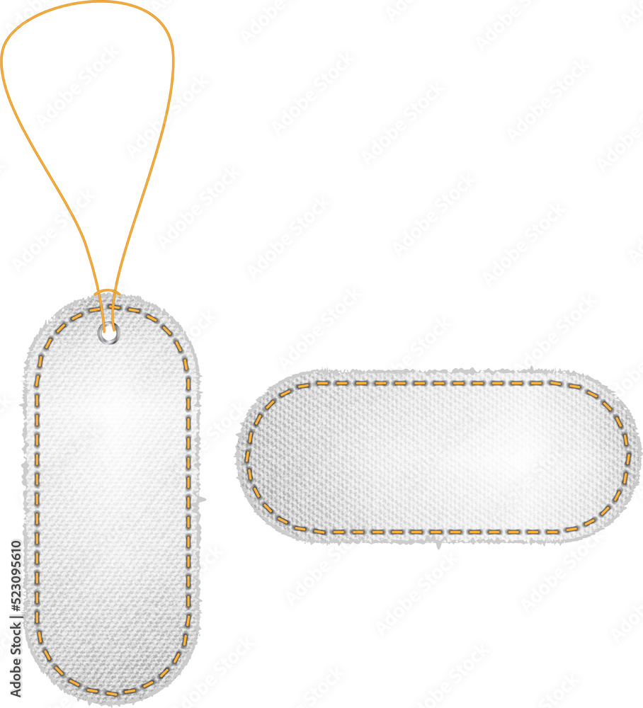 Aufkleber price tags of denim fabric texture background, clipping paths for design work empty free space mock 