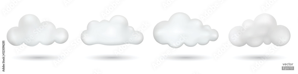 Wall mural set of white 3d clouds isolated on a white background. soft round cartoon fluffy cloud icon. realist