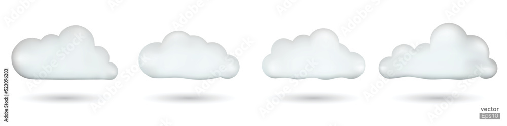 Wall mural set of white 3d clouds isolated on a white background. soft round cartoon fluffy cloud icon. realist