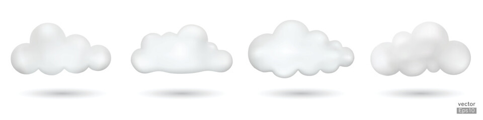 Set of White 3d clouds isolated on a white background. Soft round cartoon fluffy cloud icon. Realistic clouds vector set. 3D Vector illustration.