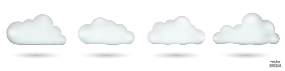 Set of White 3d clouds isolated on a white background. Soft round cartoon fluffy cloud icon. Realistic clouds vector set. 3D Vector illustration.