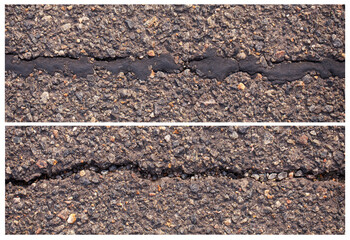 Repaired and fresh cracks in the asphalt. Collection.