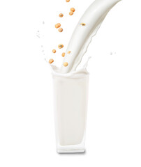 Soy beans and milk on big glass with splash isolated
