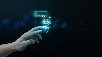 Hand touching digital chatbot for provide access to information and data in online network, robot application and global connection