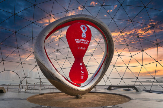 DOHA, QATAR - AUGUST 12, 2022: The FIFA World Cup Qatar 2022 Official Countdown Clock, powered by Hublot.