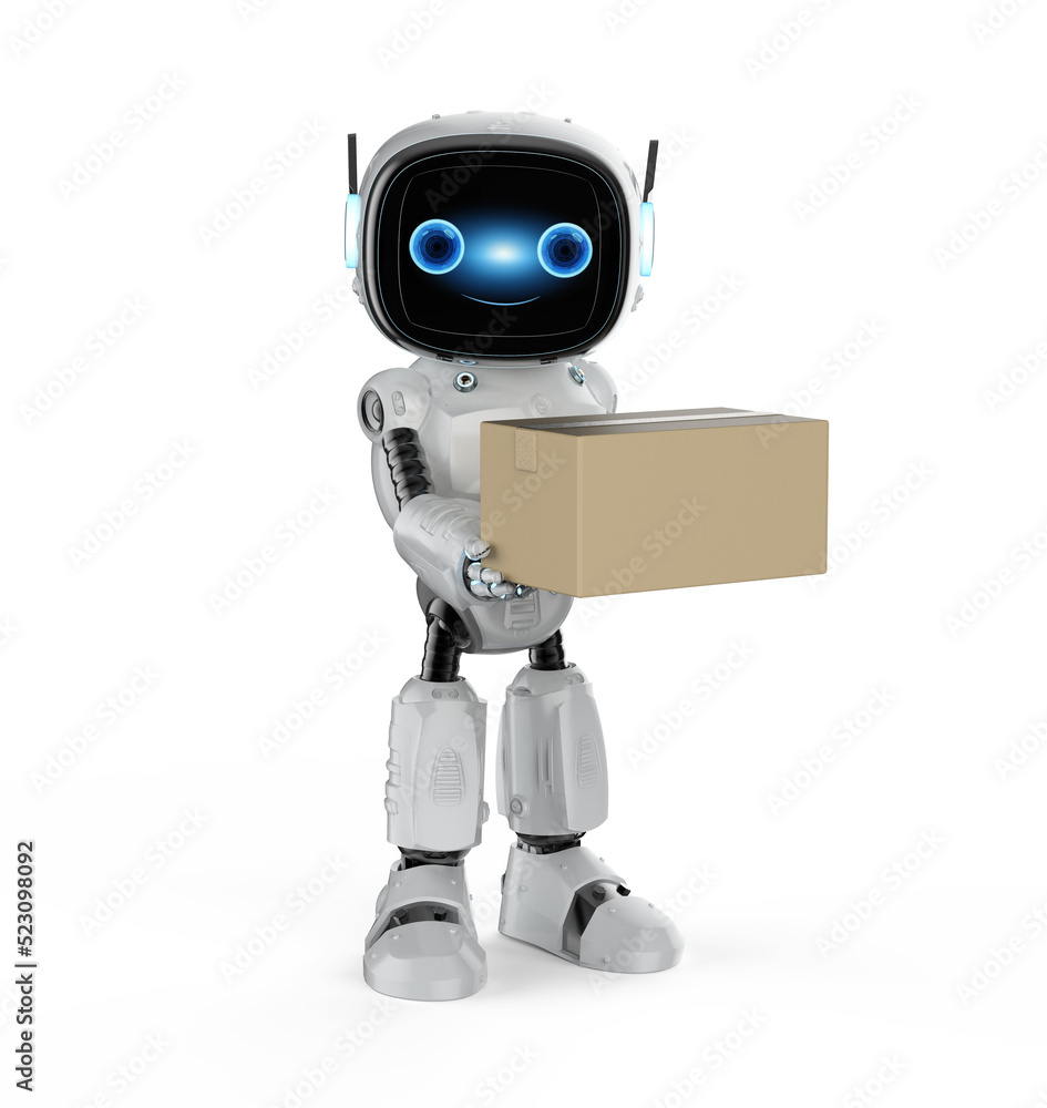 Aufkleber automatic warehouse concept with 3d rendering cute and small automation robot hold cardboard box