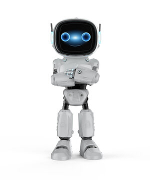 3d rendering cute and small artificial intelligence assistant robot with cartoon character arm crossed