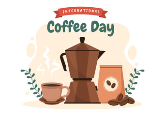 International Coffee Day on 1st October Hand Drawn Cartoon Flat Illustration with Cacao Beans and a Glass of Hot Drink Design