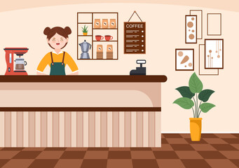 Fototapeta premium International Coffee Day on October 1st Flat Cartoon Illustration Hand Drawn with Cocoa Beans and People Drinking a Cup in Cafe