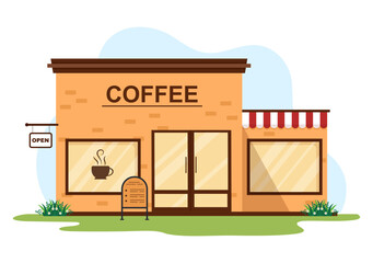 International Coffee Day on October 1st Flat Cartoon Illustration Hand drawn with Beverage Shop Building Design