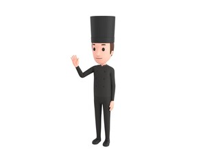 Chef In Black Uniform character saying hi in 3d rendering.