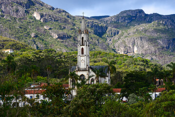 The Santuário do Caraça church surrounded by rugged mountains, Catas Altas, Minas Gerais state, Brazil