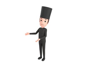 Chef In Black Uniform character doing welcome gesture in 3d rendering.
