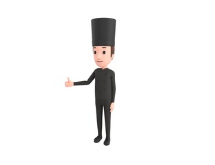 Chef In Black Uniform character showing thumb up in 3d rendering.