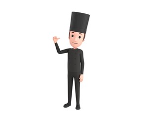 Chef In Black Uniform character pointing back thumb up empty space in 3d rendering.