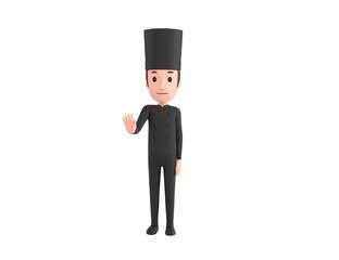 Chef In Black Uniform character puts out his hand and orders to stop in 3d rendering.