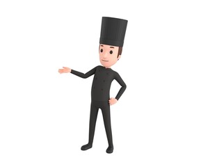 Chef In Black Uniform character open hand palm in 3d rendering.