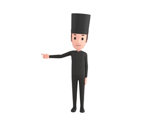 Chef In Black Uniform character pointing his finger to the left in 3d rendering.