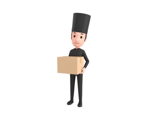 Chef In Black Uniform character carrying a package in 3d rendering.