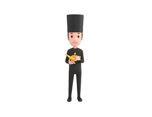 Chef In Black Uniform character rubbing a magic lamp in 3d rendering.
