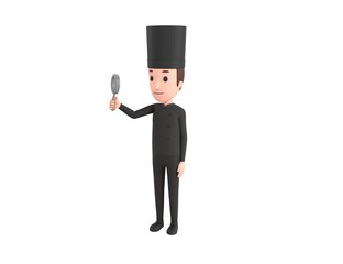 Chef In Black Uniform character holding magnifying glass in 3d rendering.