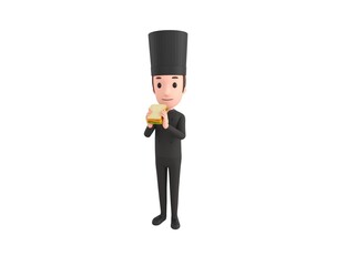 Chef In Black Uniform character eating sandwich in 3d rendering.