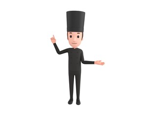 Chef In Black Uniform character giving information in 3d rendering.