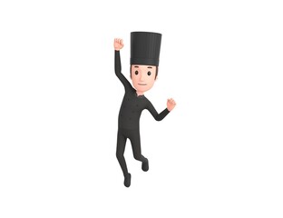 Chef In Black Uniform character Jumping with smile on face doing winner gesture with fists up in 3d rendering.