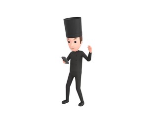 Chef In Black Uniform character looking his phone and doing winner gesture with fists up in 3d rendering.