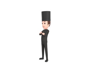 Chef In Black Uniform character standing with arms crossed look to the side in 3d rendering.