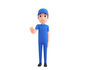 Mechanic character puts out his hand and orders to stop in 3d rendering.