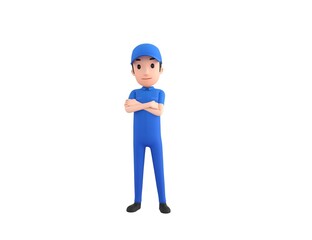 Mechanic character standing man with arms crossed in 3d rendering.