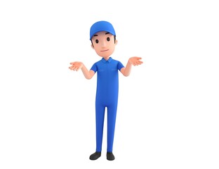 Mechanic character spreading his two hands and looking to camera in 3d rendering.
