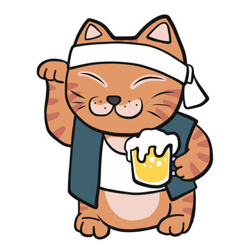 Japanese lucky cat (Maneki Neko) with beer mug cartoon