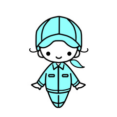 微笑む作業員　女性　青色の作業服
